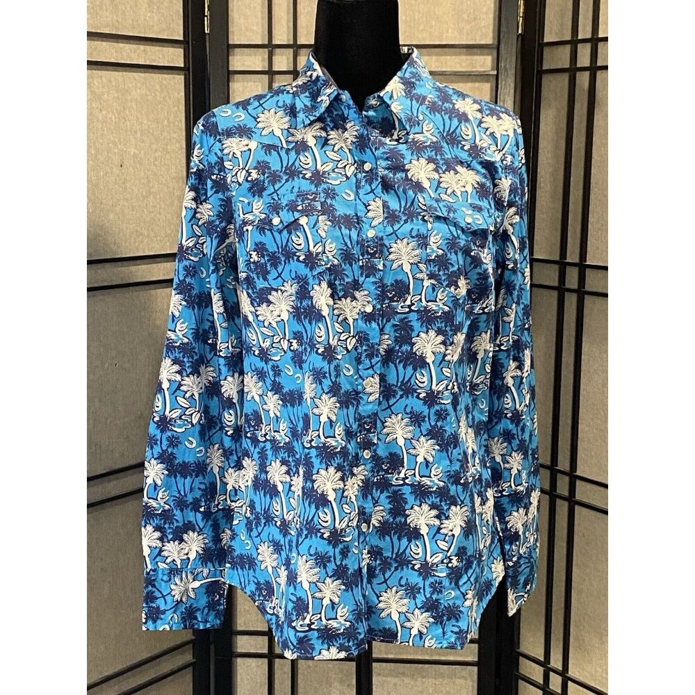Roper Women's Blue Palm Tree Horseshoes rodeo ready Pearl Snap Western Shirt M